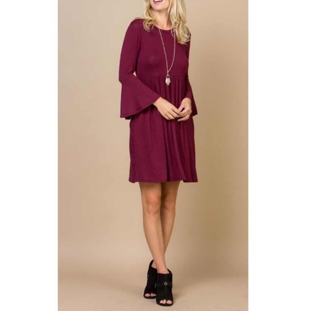 ! NWT Solid Wine Lightweight Ruffled Bell Sleeve Pockets A-Line Mini Dress !